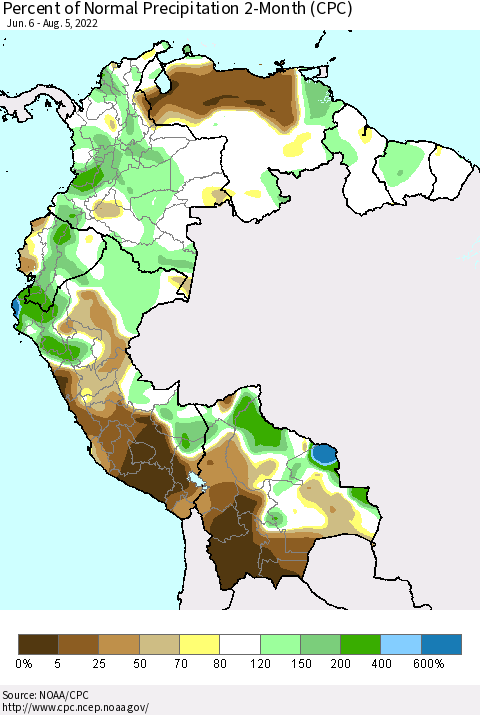 Northern South America Percent of Normal Precipitation 2-Month (CPC) Thematic Map For 6/6/2022 - 8/5/2022