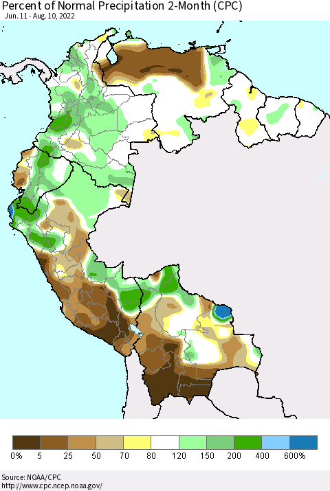 Northern South America Percent of Normal Precipitation 2-Month (CPC) Thematic Map For 6/11/2022 - 8/10/2022