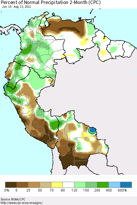 Northern South America Percent of Normal Precipitation 2-Month (CPC) Thematic Map For 6/16/2022 - 8/15/2022