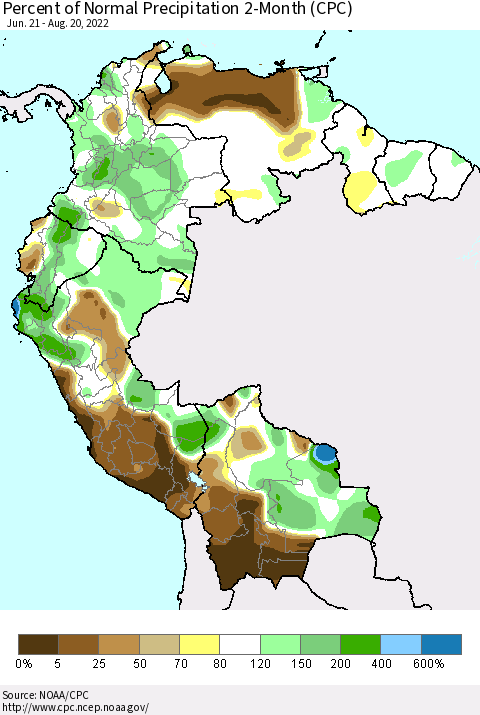 Northern South America Percent of Normal Precipitation 2-Month (CPC) Thematic Map For 6/21/2022 - 8/20/2022