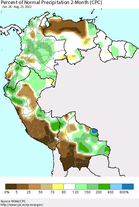Northern South America Percent of Normal Precipitation 2-Month (CPC) Thematic Map For 6/26/2022 - 8/25/2022