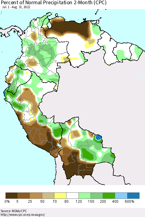 Northern South America Percent of Normal Precipitation 2-Month (CPC) Thematic Map For 7/1/2022 - 8/31/2022