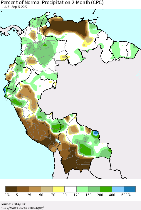 Northern South America Percent of Normal Precipitation 2-Month (CPC) Thematic Map For 7/6/2022 - 9/5/2022