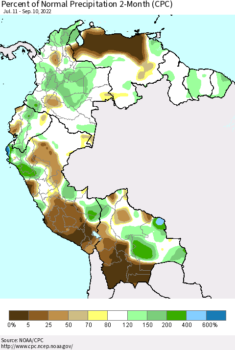 Northern South America Percent of Normal Precipitation 2-Month (CPC) Thematic Map For 7/11/2022 - 9/10/2022