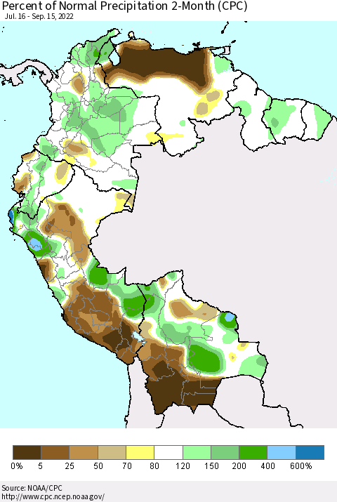 Northern South America Percent of Normal Precipitation 2-Month (CPC) Thematic Map For 7/16/2022 - 9/15/2022