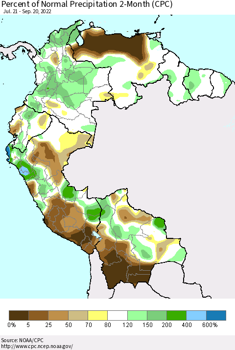 Northern South America Percent of Normal Precipitation 2-Month (CPC) Thematic Map For 7/21/2022 - 9/20/2022