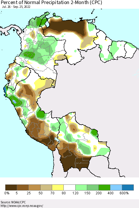 Northern South America Percent of Normal Precipitation 2-Month (CPC) Thematic Map For 7/26/2022 - 9/25/2022