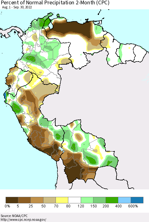 Northern South America Percent of Normal Precipitation 2-Month (CPC) Thematic Map For 8/1/2022 - 9/30/2022