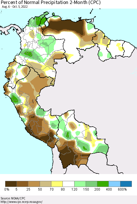 Northern South America Percent of Normal Precipitation 2-Month (CPC) Thematic Map For 8/6/2022 - 10/5/2022