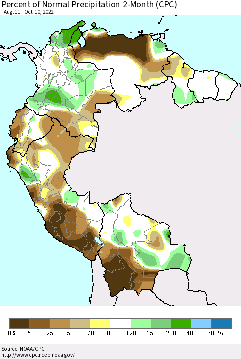 Northern South America Percent of Normal Precipitation 2-Month (CPC) Thematic Map For 8/11/2022 - 10/10/2022