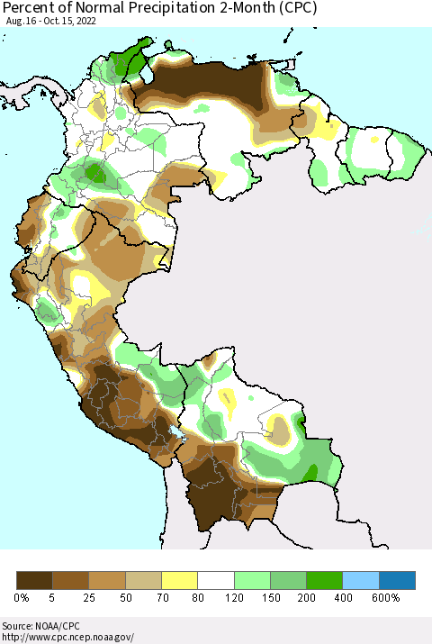 Northern South America Percent of Normal Precipitation 2-Month (CPC) Thematic Map For 8/16/2022 - 10/15/2022