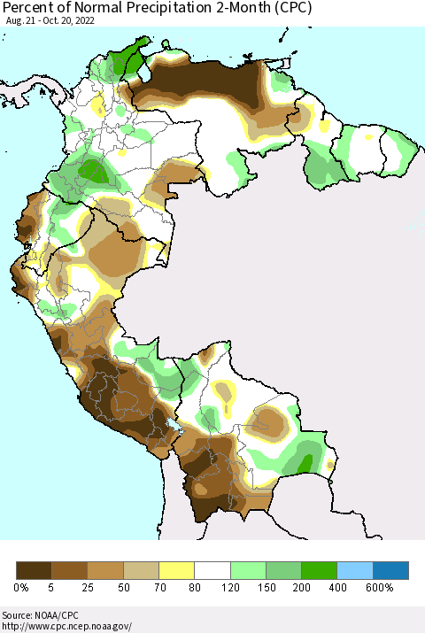 Northern South America Percent of Normal Precipitation 2-Month (CPC) Thematic Map For 8/21/2022 - 10/20/2022