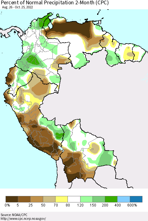 Northern South America Percent of Normal Precipitation 2-Month (CPC) Thematic Map For 8/26/2022 - 10/25/2022