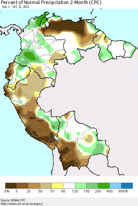 Northern South America Percent of Normal Precipitation 2-Month (CPC) Thematic Map For 9/1/2022 - 10/31/2022