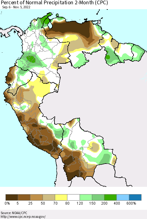 Northern South America Percent of Normal Precipitation 2-Month (CPC) Thematic Map For 9/6/2022 - 11/5/2022