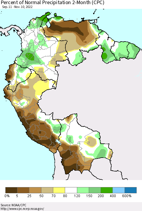 Northern South America Percent of Normal Precipitation 2-Month (CPC) Thematic Map For 9/11/2022 - 11/10/2022