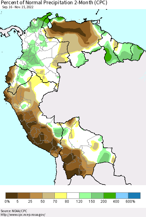Northern South America Percent of Normal Precipitation 2-Month (CPC) Thematic Map For 9/16/2022 - 11/15/2022