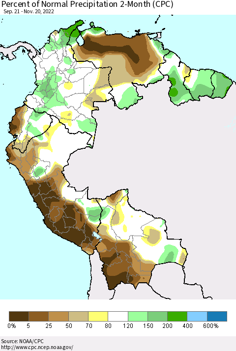 Northern South America Percent of Normal Precipitation 2-Month (CPC) Thematic Map For 9/21/2022 - 11/20/2022