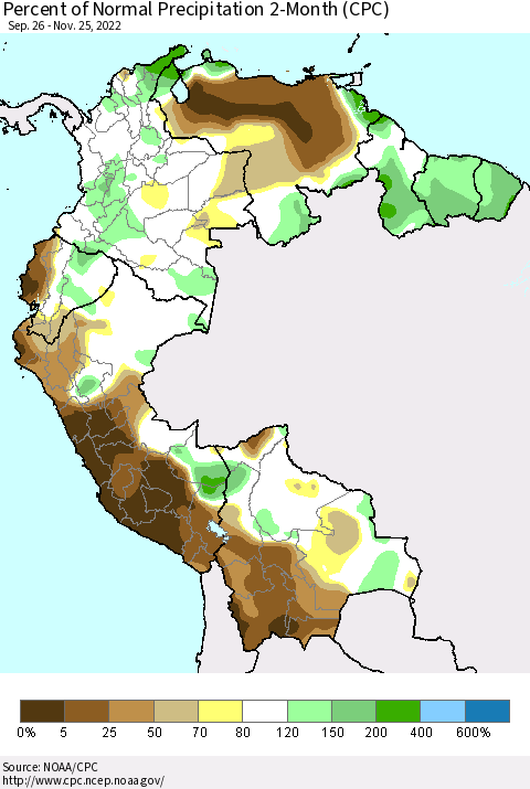 Northern South America Percent of Normal Precipitation 2-Month (CPC) Thematic Map For 9/26/2022 - 11/25/2022