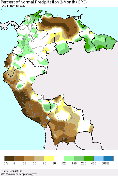 Northern South America Percent of Normal Precipitation 2-Month (CPC) Thematic Map For 10/1/2022 - 11/30/2022