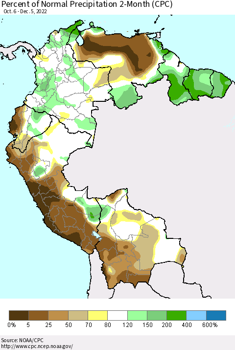 Northern South America Percent of Normal Precipitation 2-Month (CPC) Thematic Map For 10/6/2022 - 12/5/2022