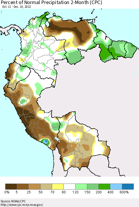 Northern South America Percent of Normal Precipitation 2-Month (CPC) Thematic Map For 10/11/2022 - 12/10/2022
