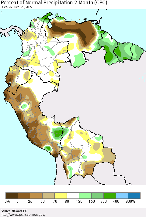 Northern South America Percent of Normal Precipitation 2-Month (CPC) Thematic Map For 10/26/2022 - 12/25/2022
