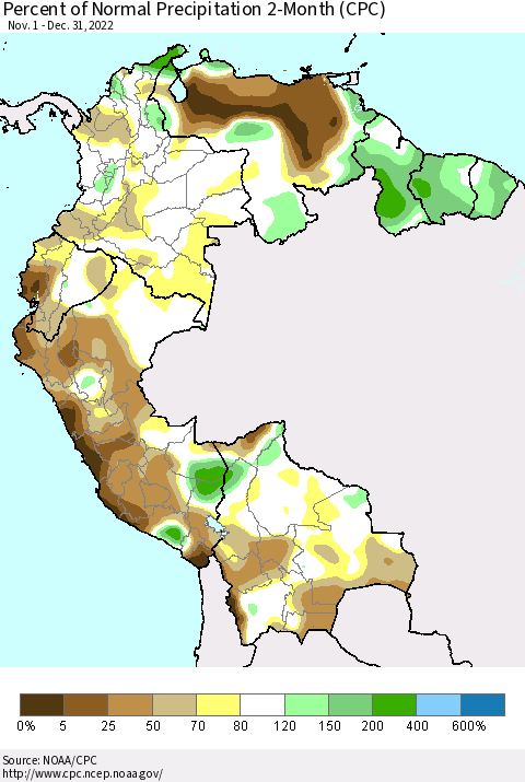 Northern South America Percent of Normal Precipitation 2-Month (CPC) Thematic Map For 11/1/2022 - 12/31/2022