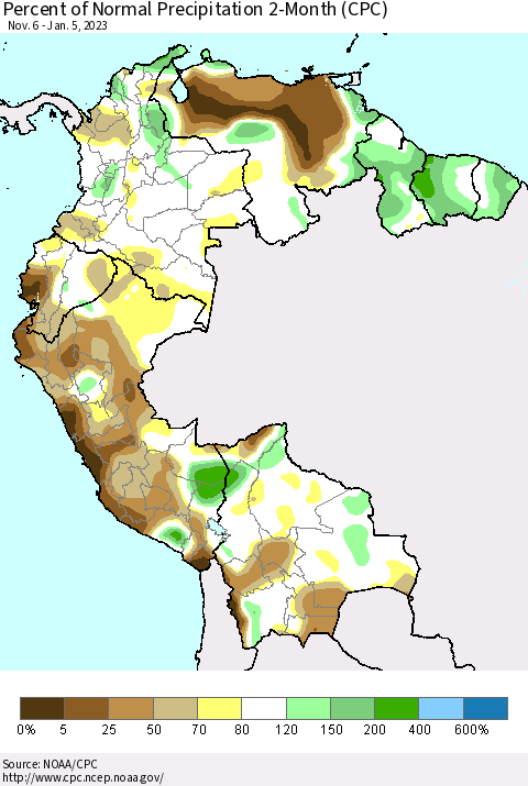 Northern South America Percent of Normal Precipitation 2-Month (CPC) Thematic Map For 11/6/2022 - 1/5/2023