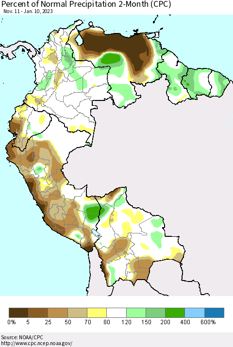Northern South America Percent of Normal Precipitation 2-Month (CPC) Thematic Map For 11/11/2022 - 1/10/2023