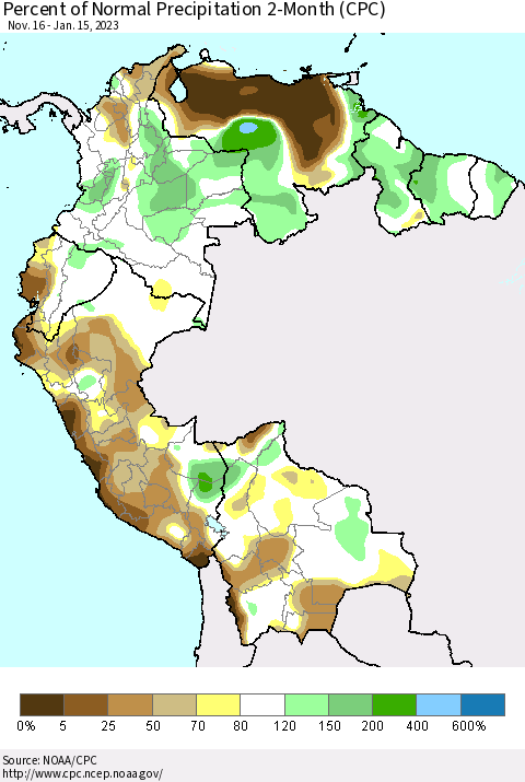 Northern South America Percent of Normal Precipitation 2-Month (CPC) Thematic Map For 11/16/2022 - 1/15/2023