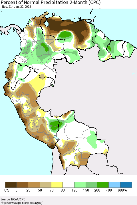 Northern South America Percent of Normal Precipitation 2-Month (CPC) Thematic Map For 11/21/2022 - 1/20/2023