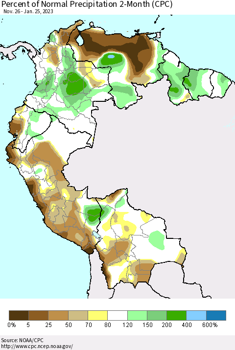 Northern South America Percent of Normal Precipitation 2-Month (CPC) Thematic Map For 11/26/2022 - 1/25/2023