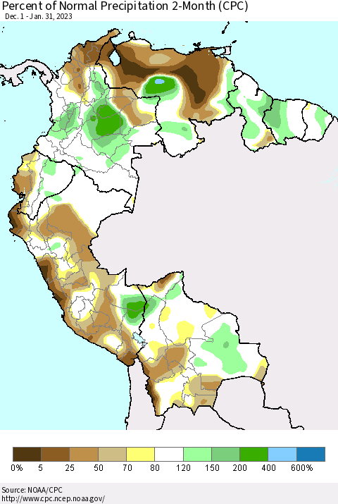 Northern South America Percent of Normal Precipitation 2-Month (CPC) Thematic Map For 12/1/2022 - 1/31/2023