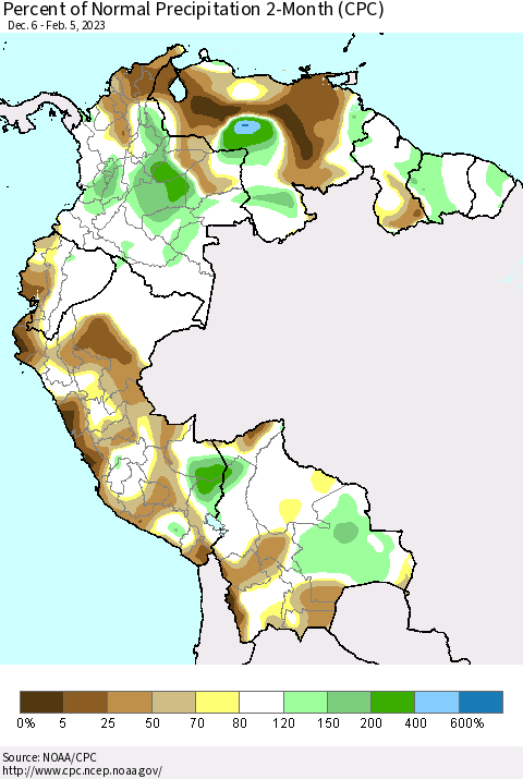 Northern South America Percent of Normal Precipitation 2-Month (CPC) Thematic Map For 12/6/2022 - 2/5/2023