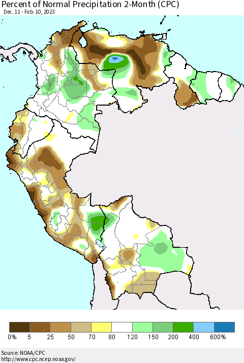 Northern South America Percent of Normal Precipitation 2-Month (CPC) Thematic Map For 12/11/2022 - 2/10/2023