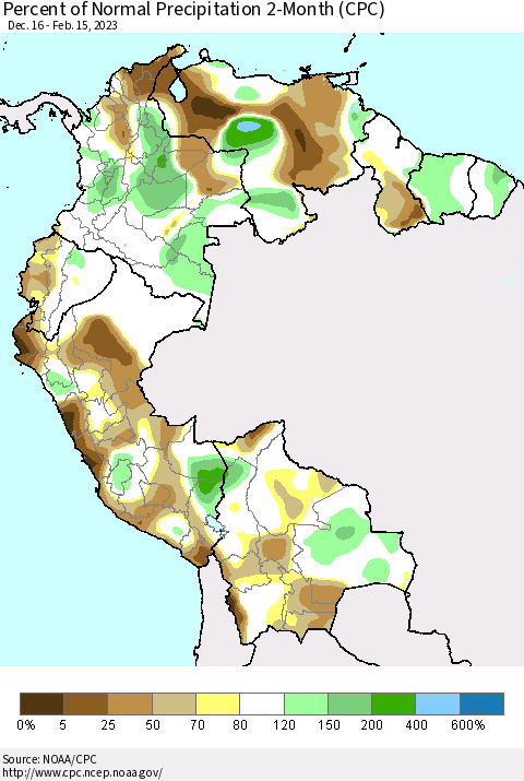 Northern South America Percent of Normal Precipitation 2-Month (CPC) Thematic Map For 12/16/2022 - 2/15/2023