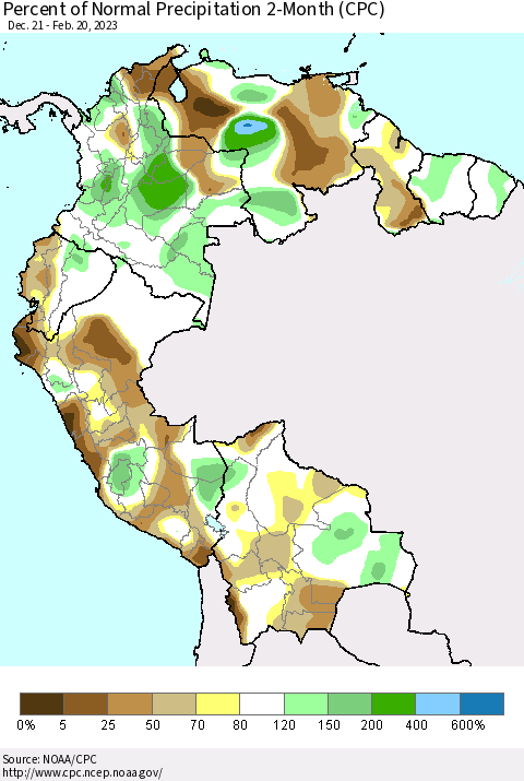 Northern South America Percent of Normal Precipitation 2-Month (CPC) Thematic Map For 12/21/2022 - 2/20/2023