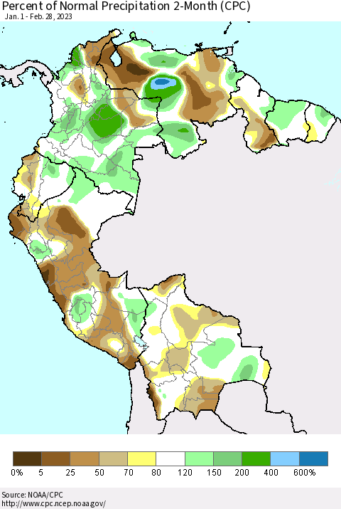 Northern South America Percent of Normal Precipitation 2-Month (CPC) Thematic Map For 1/1/2023 - 2/28/2023