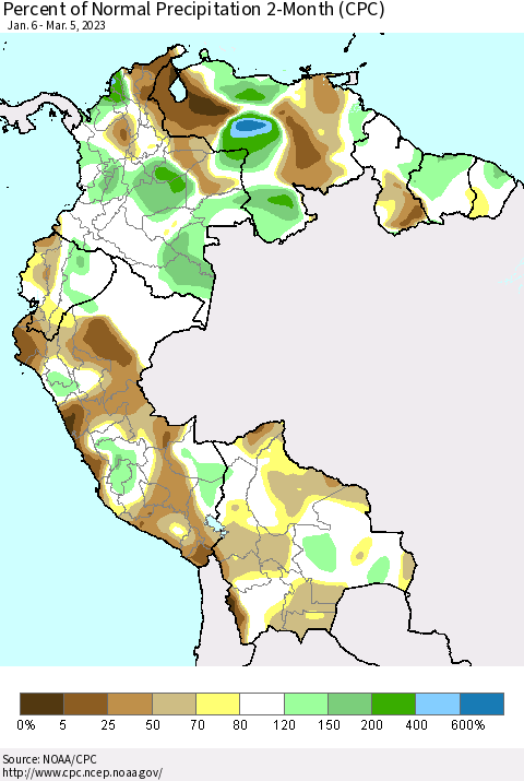 Northern South America Percent of Normal Precipitation 2-Month (CPC) Thematic Map For 1/6/2023 - 3/5/2023