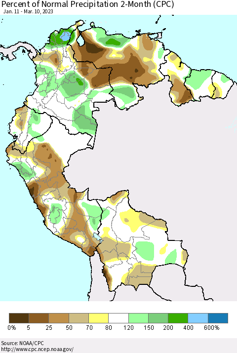 Northern South America Percent of Normal Precipitation 2-Month (CPC) Thematic Map For 1/11/2023 - 3/10/2023