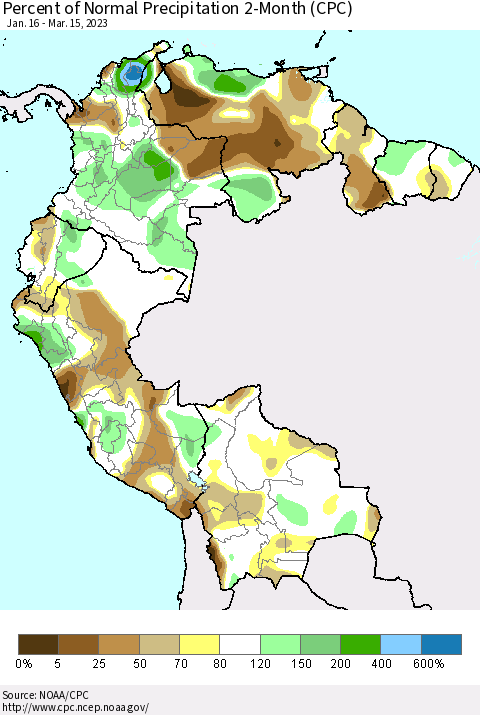 Northern South America Percent of Normal Precipitation 2-Month (CPC) Thematic Map For 1/16/2023 - 3/15/2023