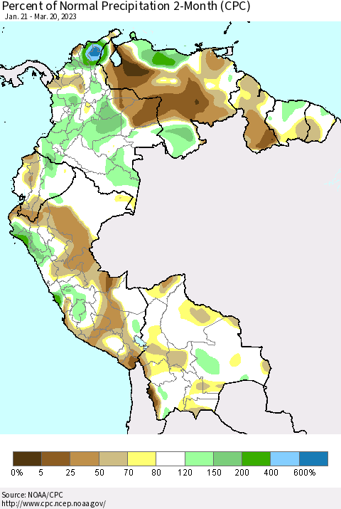 Northern South America Percent of Normal Precipitation 2-Month (CPC) Thematic Map For 1/21/2023 - 3/20/2023