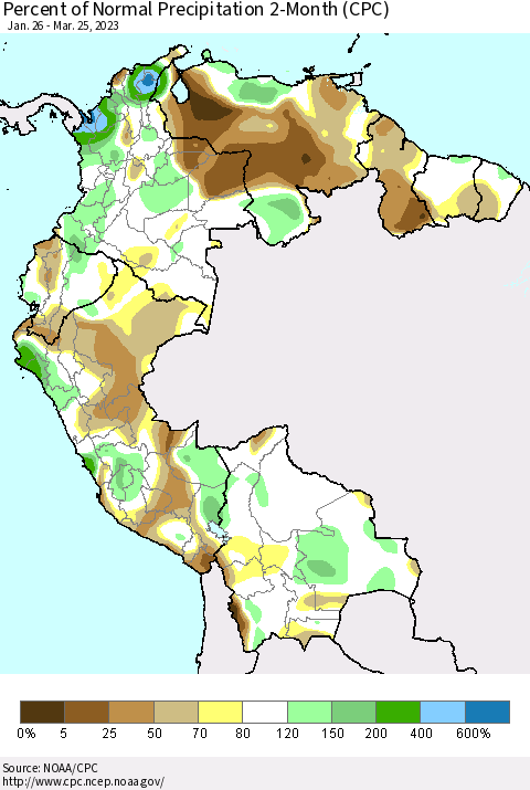 Northern South America Percent of Normal Precipitation 2-Month (CPC) Thematic Map For 1/26/2023 - 3/25/2023