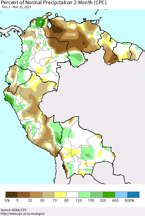 Northern South America Percent of Normal Precipitation 2-Month (CPC) Thematic Map For 2/1/2023 - 3/31/2023