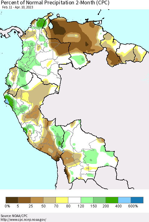 Northern South America Percent of Normal Precipitation 2-Month (CPC) Thematic Map For 2/11/2023 - 4/10/2023