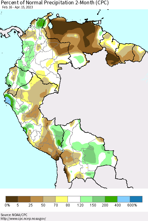 Northern South America Percent of Normal Precipitation 2-Month (CPC) Thematic Map For 2/16/2023 - 4/15/2023