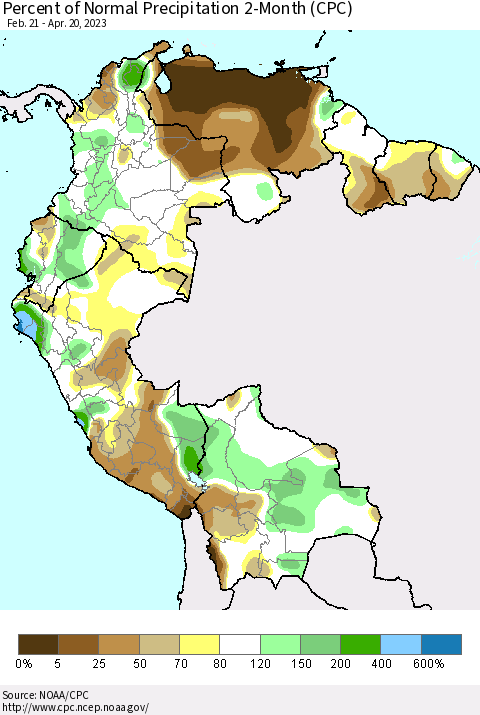 Northern South America Percent of Normal Precipitation 2-Month (CPC) Thematic Map For 2/21/2023 - 4/20/2023