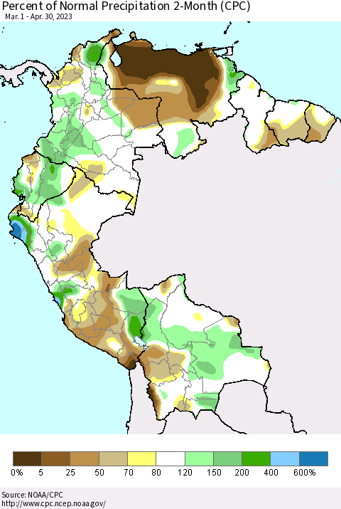 Northern South America Percent of Normal Precipitation 2-Month (CPC) Thematic Map For 3/1/2023 - 4/30/2023