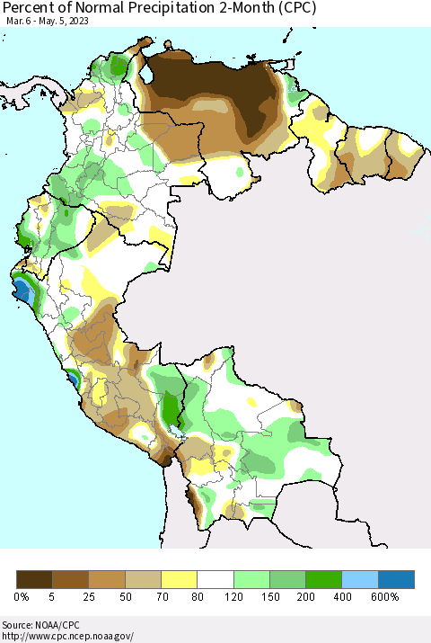 Northern South America Percent of Normal Precipitation 2-Month (CPC) Thematic Map For 3/6/2023 - 5/5/2023